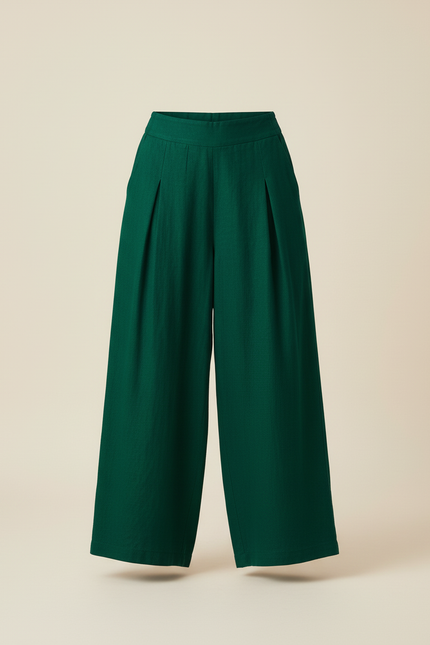 Pantalon Baggy Vert Émeraude Fluide Lin Plissé - vue 3