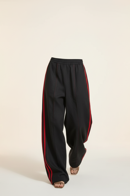 Pantalon Baggy Noir Rayures Rouges Fluide Décontracté - Lin - vue 3