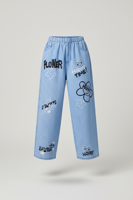 Pantalon Baggy Denim Clair Imprimé Décontracté Fille - Bleu Jean - vue 3