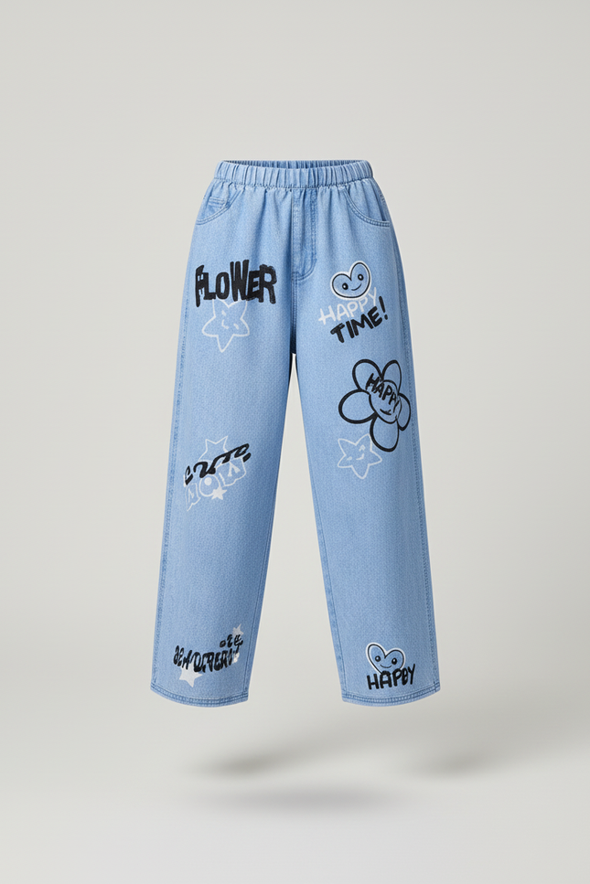 Pantalon Baggy Denim Clair Imprimé Décontracté Fille - Bleu Jean - vue 3