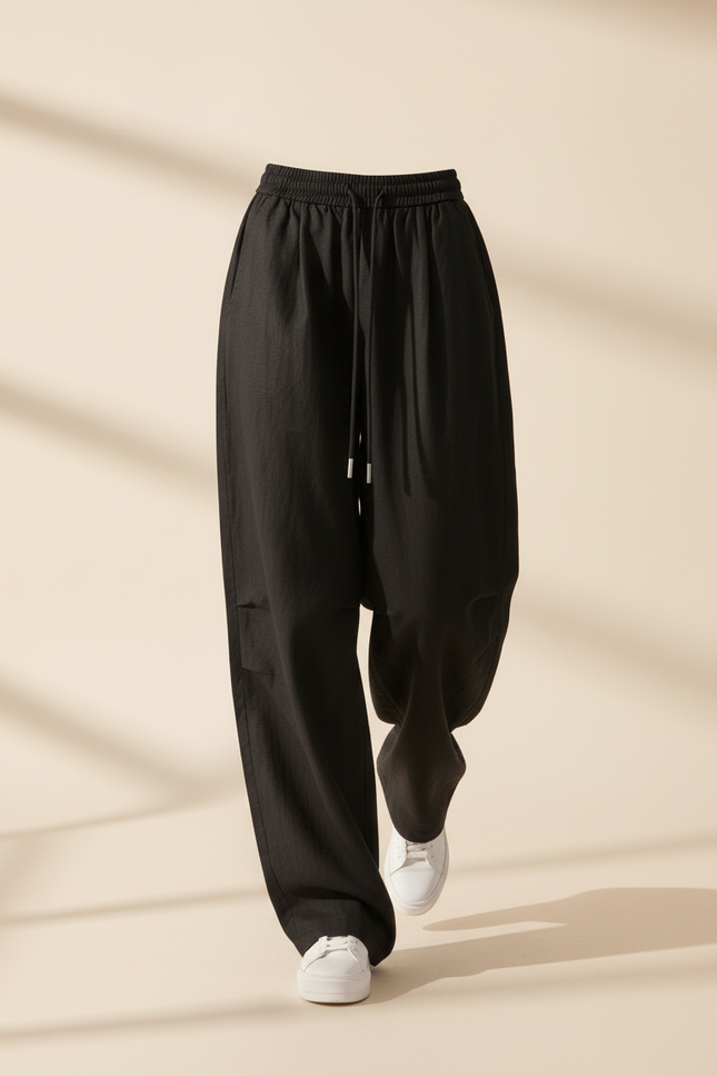 Pantalon Baggy Noir Ample Fluide Cordon Streetwear - Lin - vue 3