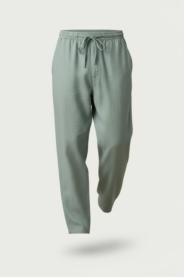 Pantalon Baggy Vert Menthe Lin Ample Décontracté Cordon - vue 3