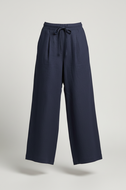 Pantalon Baggy Bleu Marine Ample Lin Cordon Décontracté - vue 3