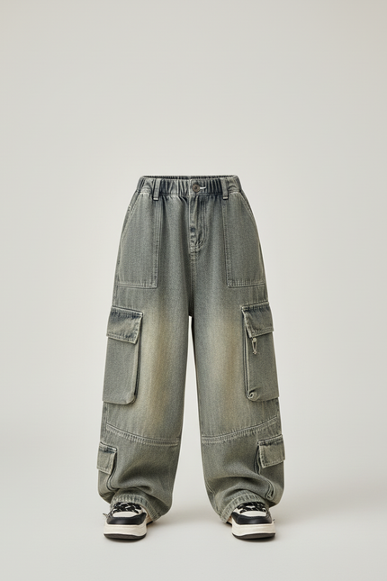 Pantalon Baggy Cargo Jean Ample Garçon Y2K - Kaki - vue 3