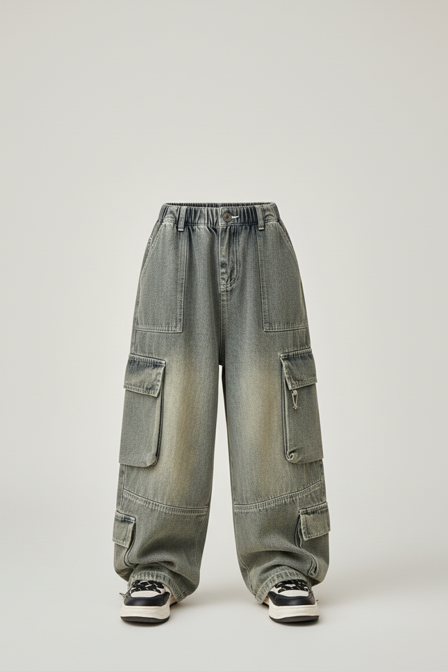 Pantalon Baggy Cargo Jean Ample Garçon Y2K - Kaki - vue 3