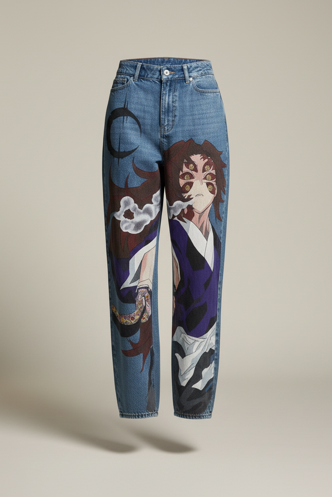 Pantalon Baggy Denim Imprimé Manga Large Bleu - Jean - vue 3