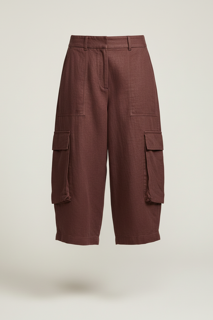 Pantalon Baggy Marron Ample Lin Cargo Court - Bordeaux - vue 3