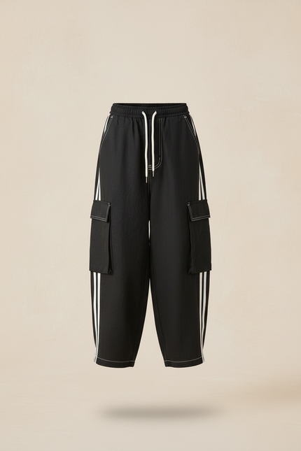 Pantalon Baggy Noir Cargo Rayures Blanches Enfant - Toile - vue 3