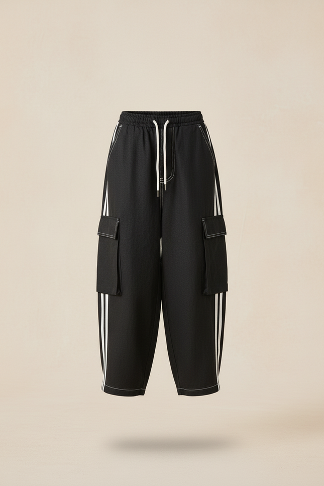 Pantalon Baggy Noir Cargo Rayures Blanches Enfant - Toile - vue 3