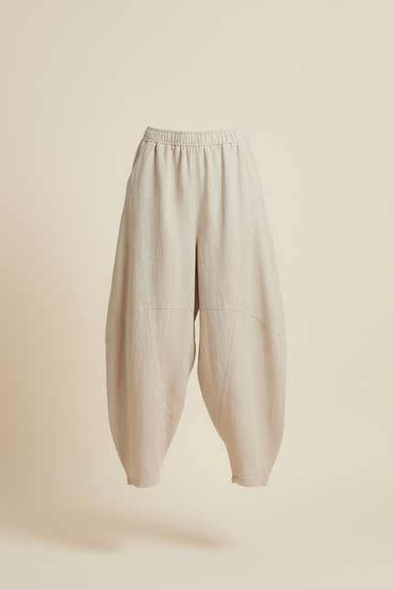 Pantalon Baggy Lin Ample Beige Femme Décontracté - vue 3