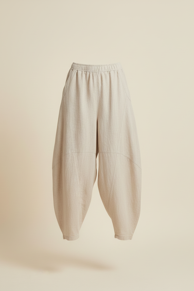 Pantalon Baggy Lin Ample Beige Femme Décontracté - vue 3