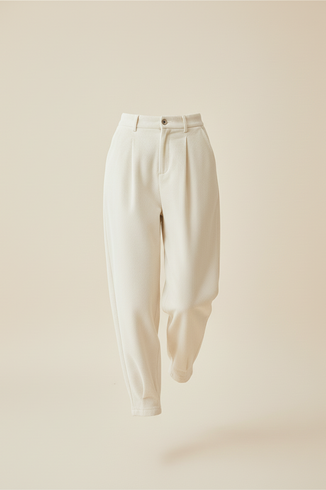 Pantalon Baggy Crème Côtelé Ample Décontracté Fluide - Beige Cordé - vue 3