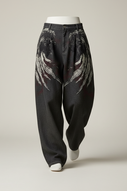 Pantalon Baggy Jean Gris Imprimé Ample Streetwear - vue 3