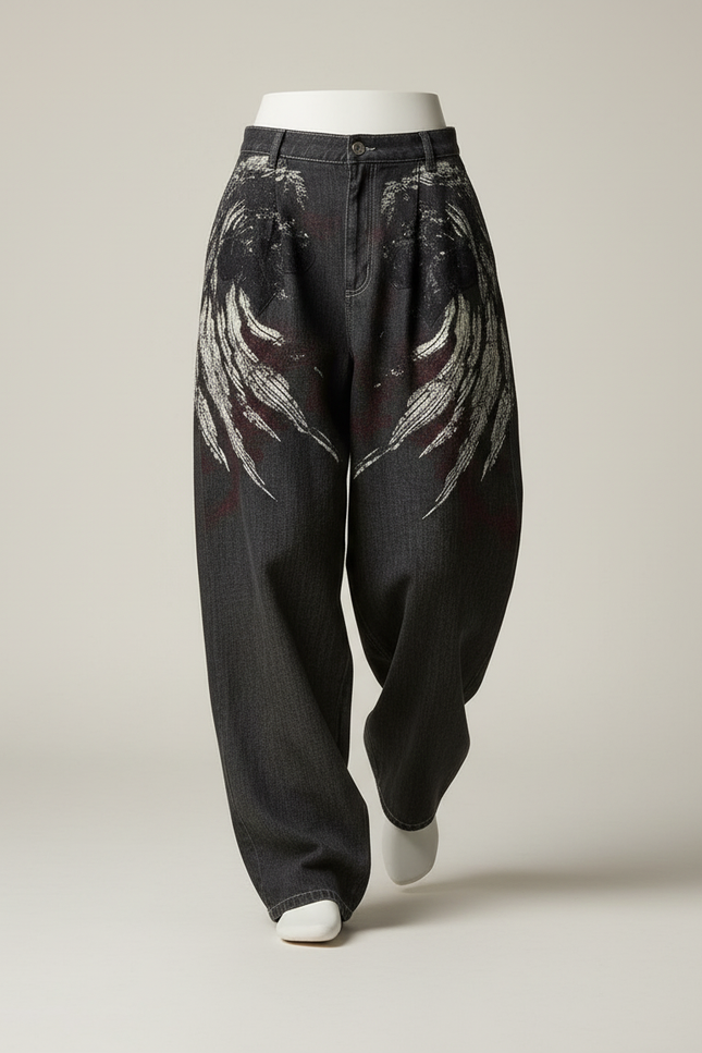 Pantalon Baggy Jean Gris Imprimé Ample Streetwear - vue 3