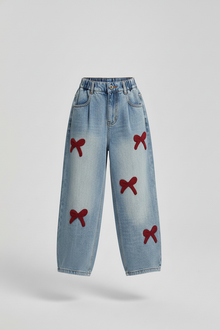 Pantalon Baggy Jean Denim Ample Nœuds Rouges Fille - Bleu - vue 3