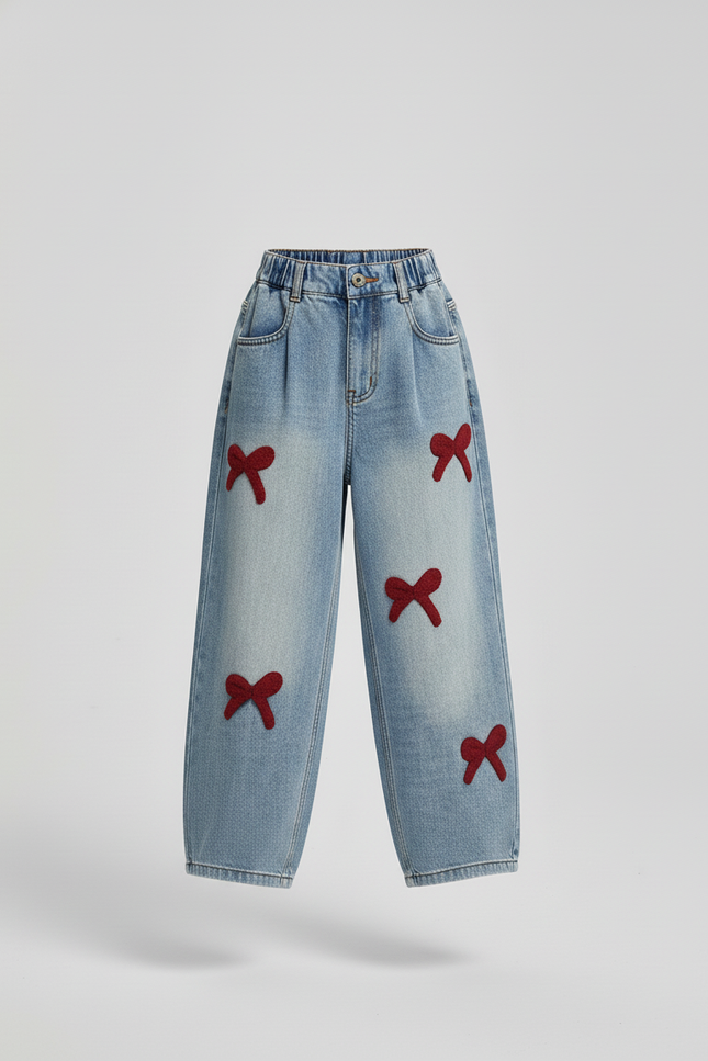 Pantalon Baggy Jean Denim Ample Nœuds Rouges Fille - Bleu - vue 3