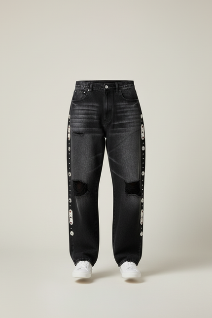 Pantalon Baggy Noir Délavé Droit Déchiré Strass Homme - Jean - vue 3