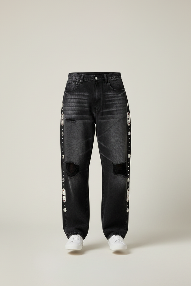 Pantalon Baggy Noir Délavé Droit Déchiré Strass Homme - Jean - vue 3