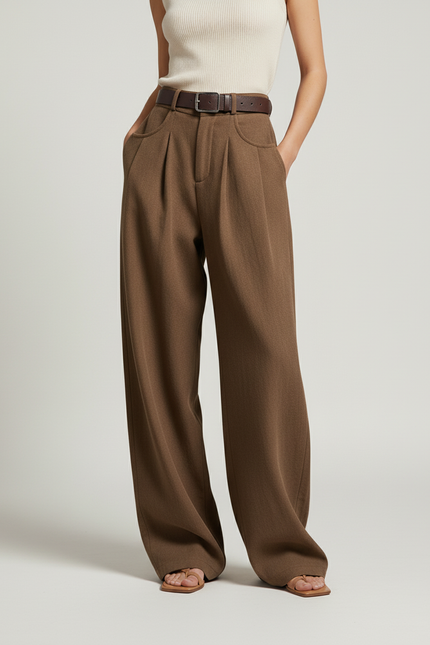 Pantalon Baggy Marron Ample Taille Haute Femme - Laine - vue 3