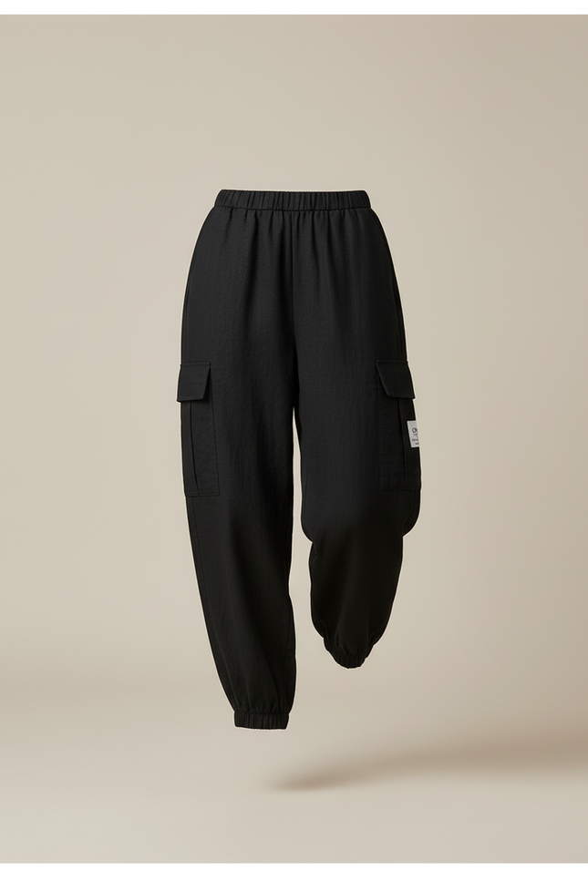 Pantalon Baggy Noir Cargo Ample Taille Haute - Lin - vue 3