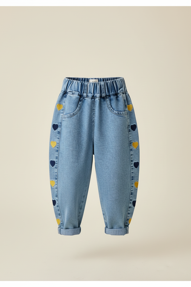 Pantalon Baggy Jean Denim Cœurs Brodés Ample Enfant - Bleu - vue 3