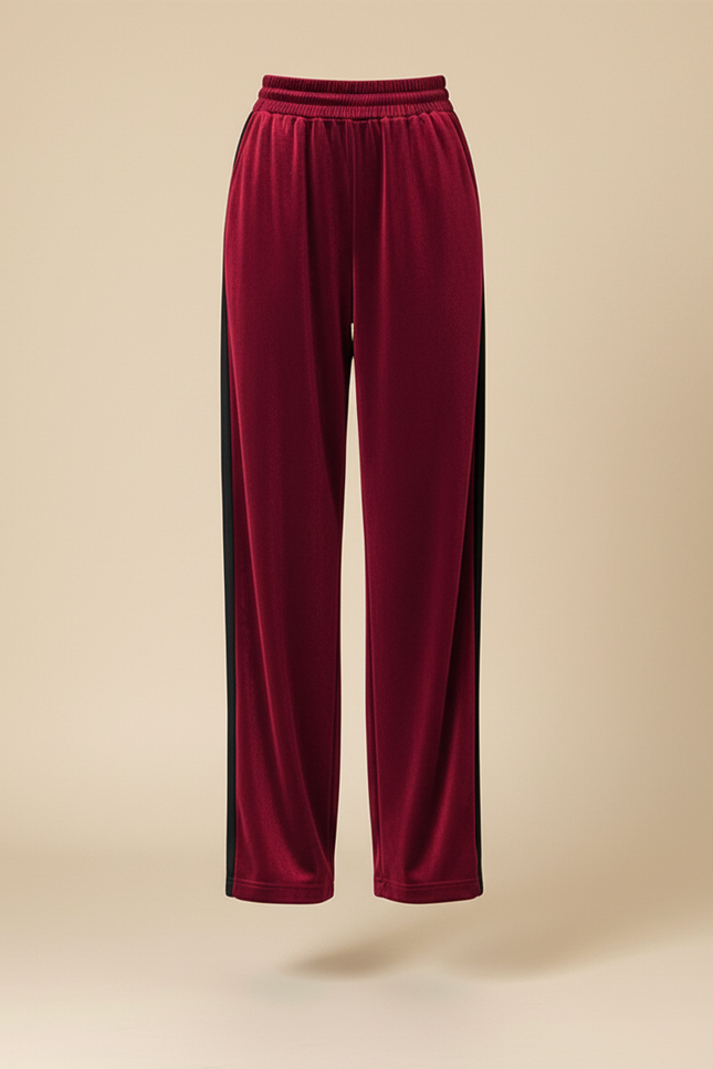 Pantalon Baggy Velours Rouge Ample Taille Haute - Bordeaux - vue 3
