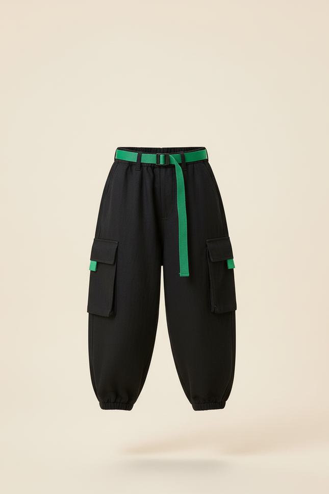 Pantalon Baggy Noir Cargo Ample Garçon Ceinture Verte - Toile - vue 3
