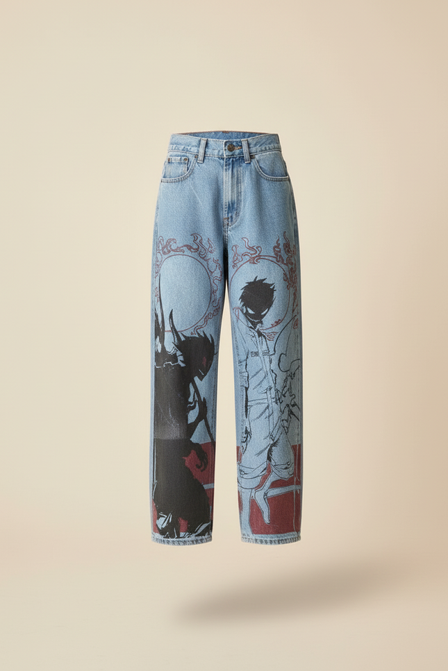 Pantalon Baggy Denim Imprimé Manga Unisexe Décontracté - Bleu Jean - vue 3
