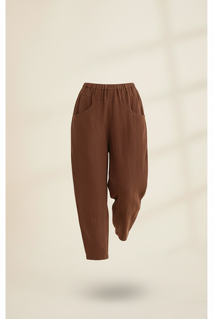 Pantalon Baggy Marron Lin Ample Taille Élastique - vue 3