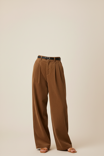 Pantalon Baggy Marron Côtelé Ample Taille Haute Élégant - Cordé - vue 3
