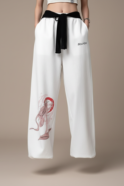 Pantalon Baggy Blanc Imprimé Ample Cordon Streetwear - Molleton - vue 3