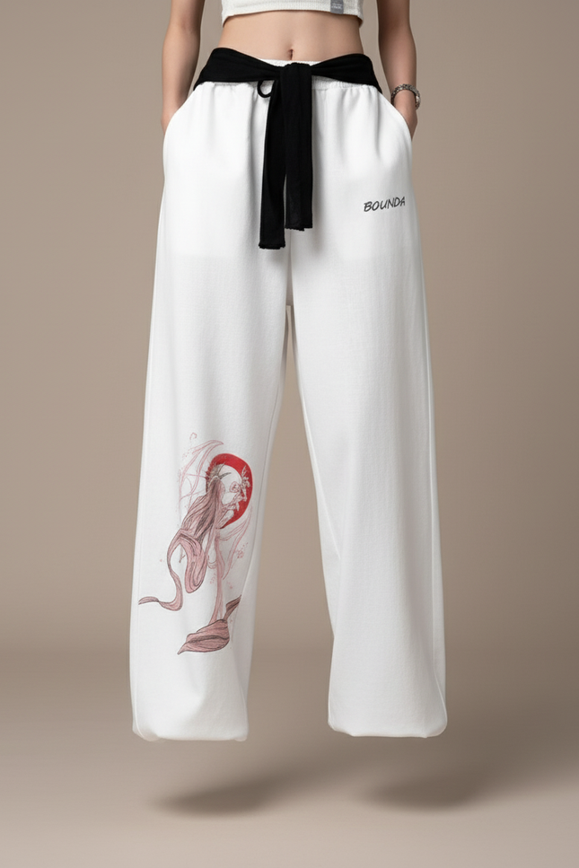 Pantalon Baggy Blanc Imprimé Ample Cordon Streetwear - Molleton - vue 3