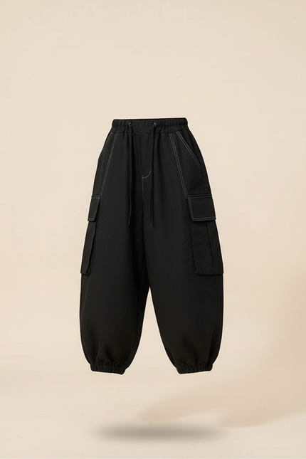 Pantalon Baggy Noir Cargo Ample Cordon Fille - Toile - vue 3