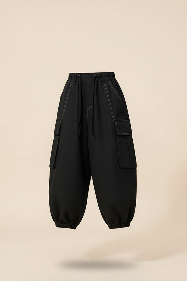 Pantalon Baggy Noir Cargo Ample Cordon Fille - Toile - vue 3