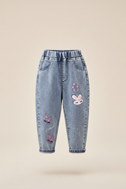 Pantalon Baggy Jean Bleu Lapin Brodé Ample Fille - vue 3