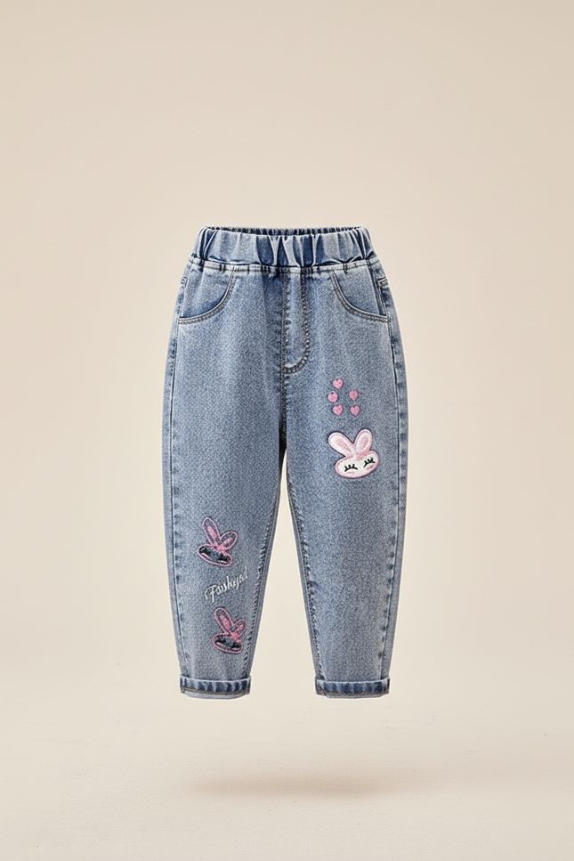 Pantalon Baggy Jean Bleu Lapin Brodé Ample Fille - vue 3