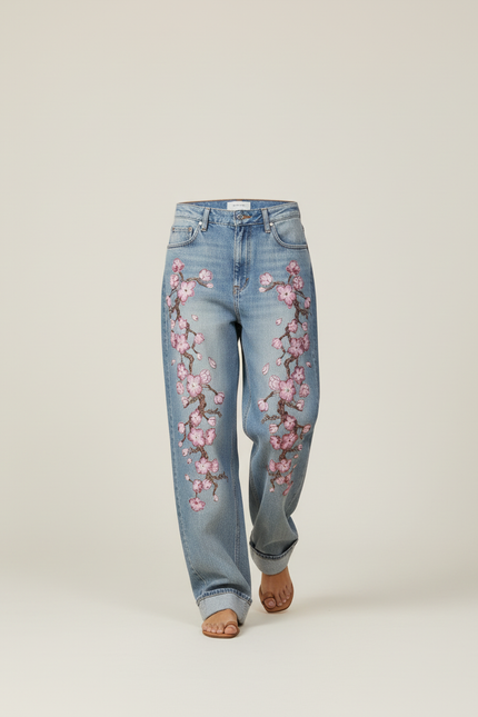 Pantalon Baggy Denim Fleur Brodé Ample Décontracté - Bleu Jean - vue 3