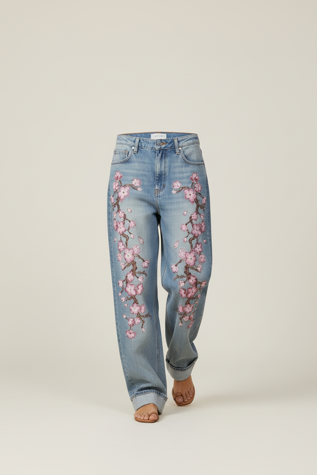 Pantalon Baggy Denim Fleur Brodé Ample Décontracté - Bleu Jean - vue 3