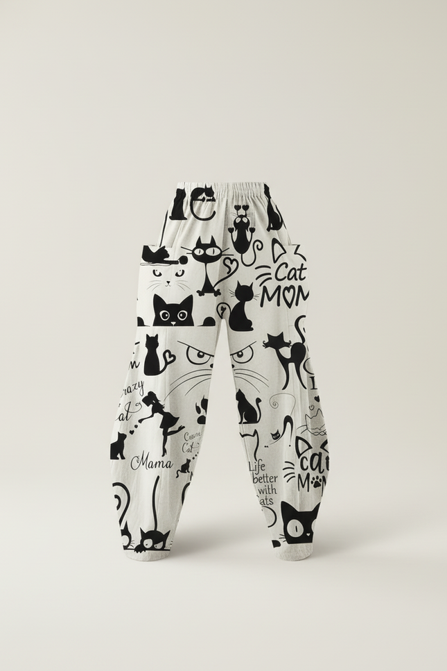 Pantalon Baggy Blanc Imprimé Chats Ample Décontracté Fluide - Lin - vue 3
