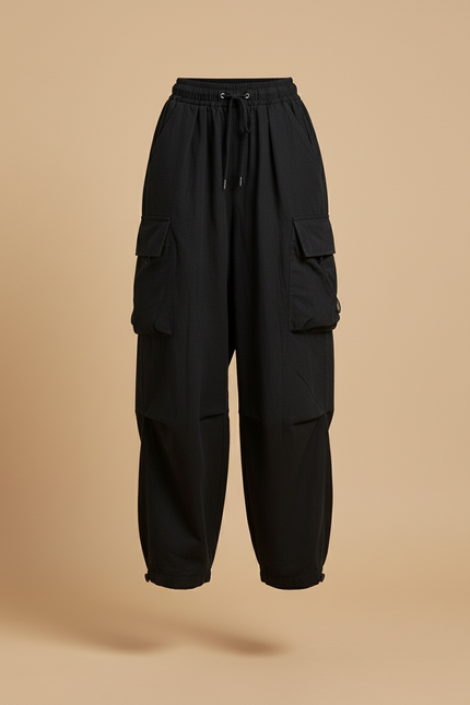 Pantalon Baggy Noir Cargo Ample Cordon Décontracté - Toile - vue 3