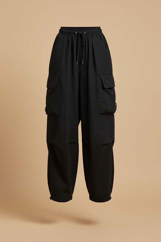 Pantalon Baggy Noir Cargo Ample Cordon Décontracté - Toile - vue 3