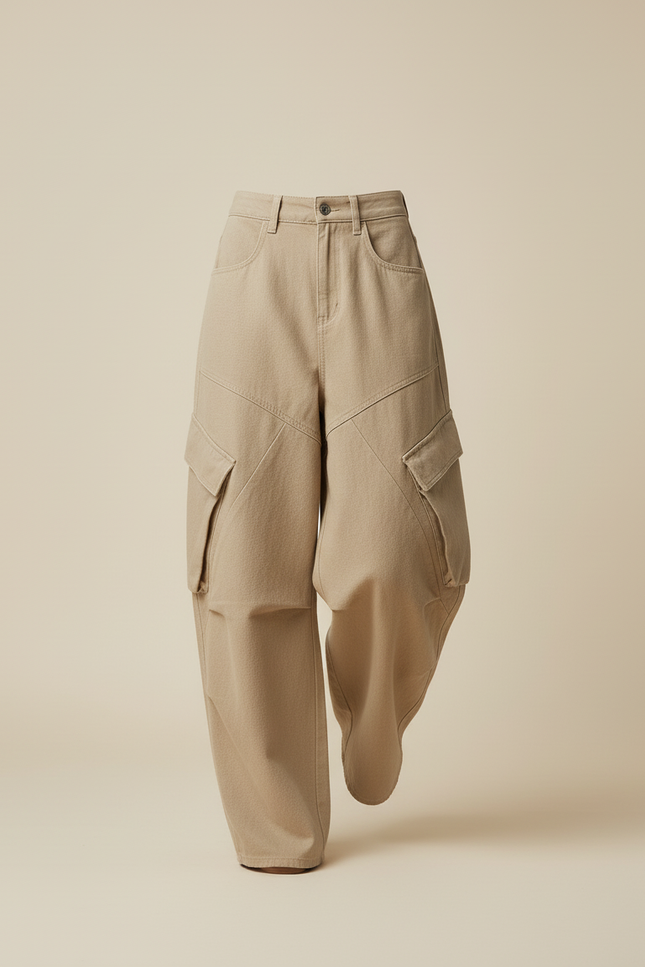 Pantalon Baggy Beige Cargo Ample Coton Oversize - vue 3