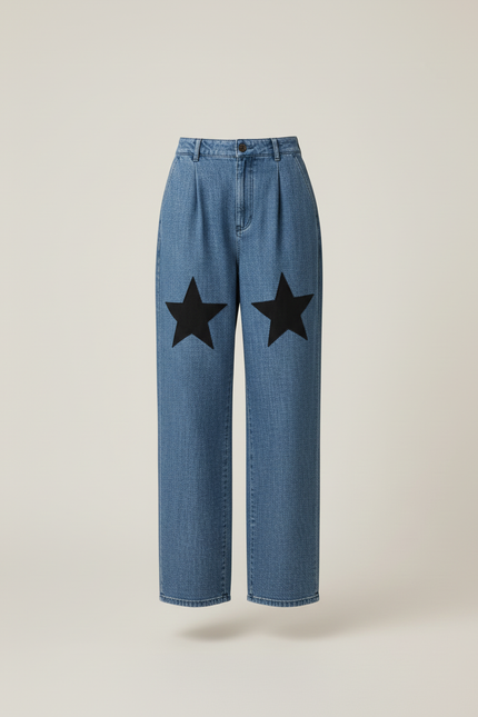 Pantalon Baggy Bleu Jean Étoiles Noires Ample Taille Haute - vue 3