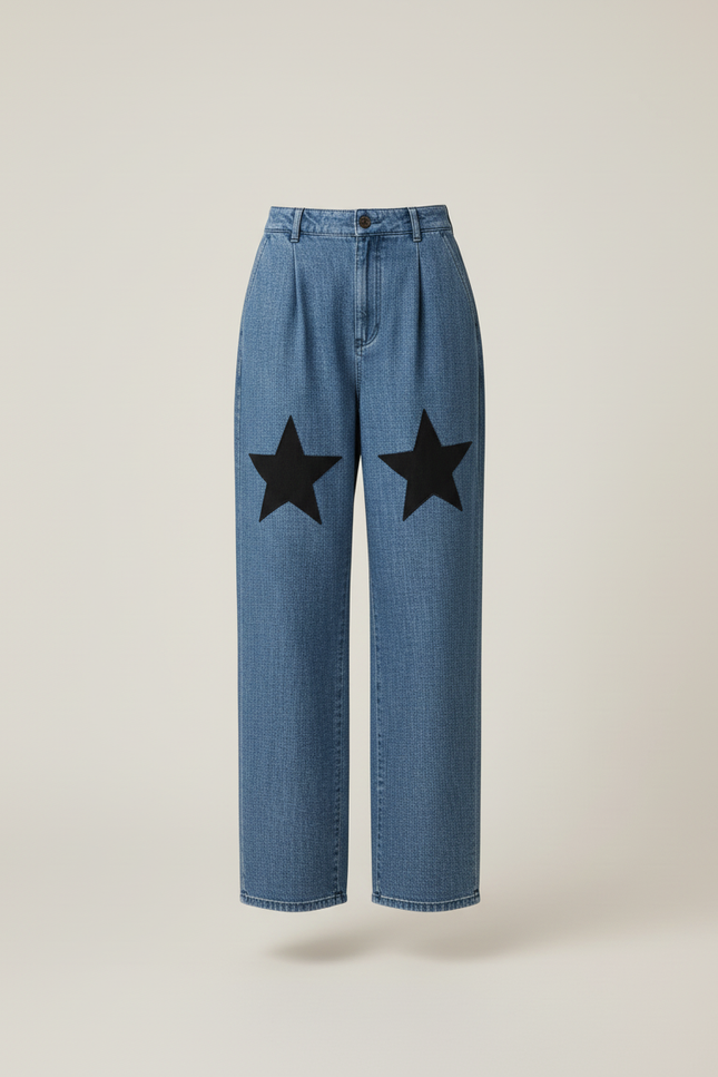 Pantalon Baggy Bleu Jean Étoiles Noires Ample Taille Haute - vue 3