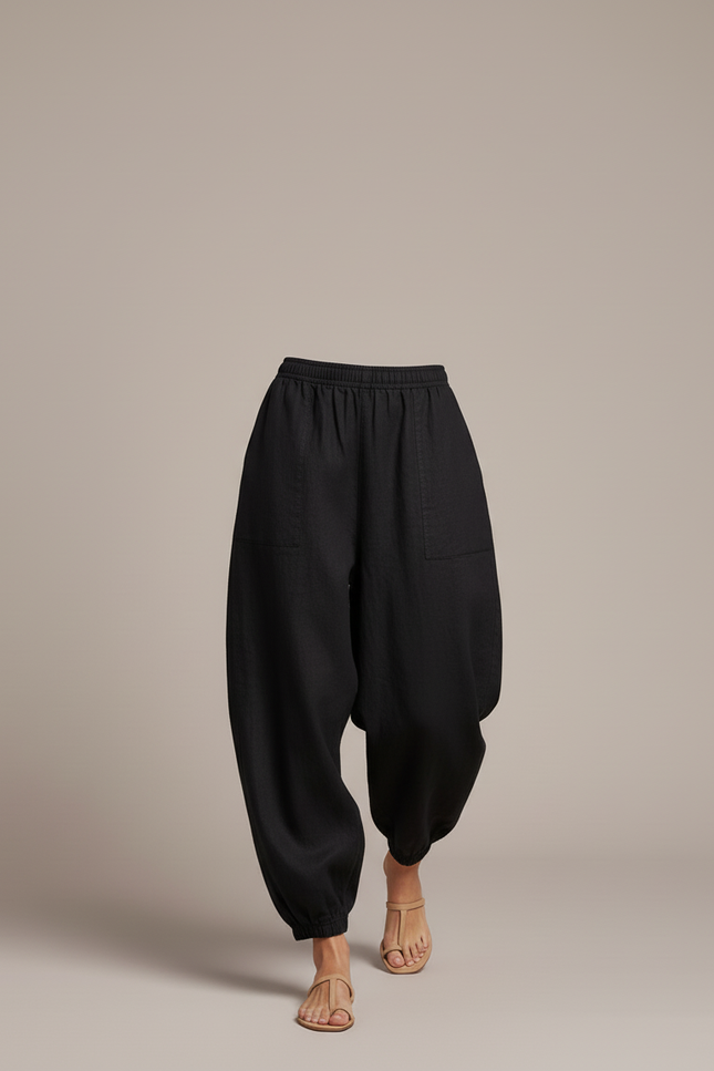 Pantalon Baggy Noir Ample Lin Fluide Femme - vue 3