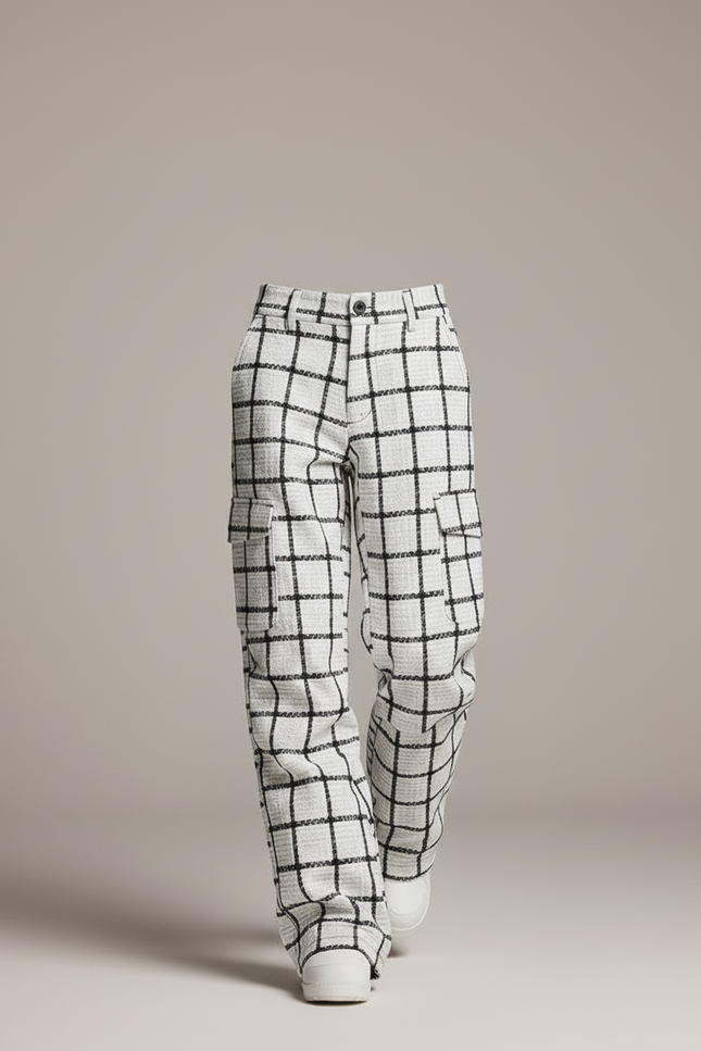 Pantalon Baggy Blanc Noir Carreaux Ample Chic Femme - Multicolore Tweed - vue 3