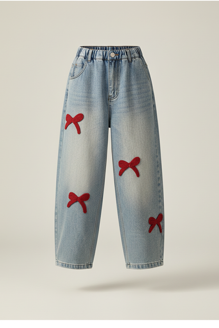 Pantalon Baggy Jean Délavé Ample Nœuds Rouges Enfant - Bleu - vue 3