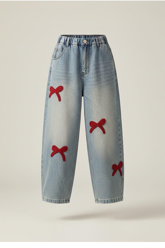 Pantalon Baggy Jean Délavé Ample Nœuds Rouges Enfant - Bleu - vue 3