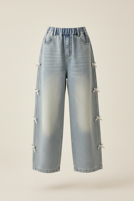 Pantalon Baggy Jean Bleu Ample Fille Nœuds Latéraux - vue 3