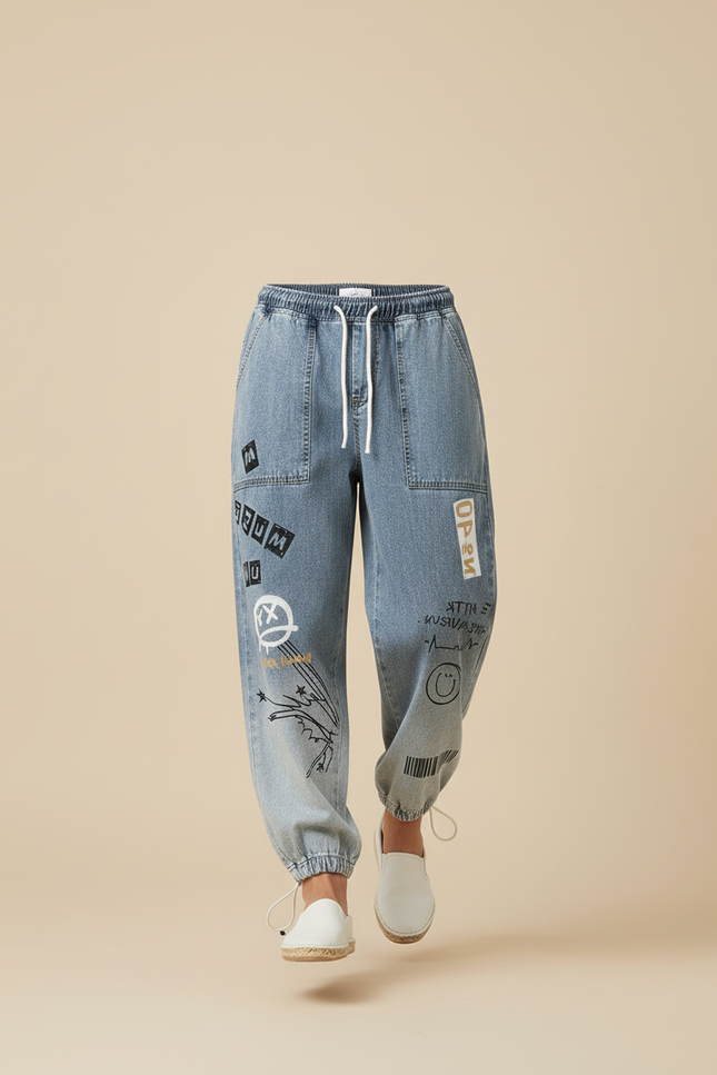 Pantalon Baggy Jean Bleu Graffiti Hip-Hop Ample - vue 3